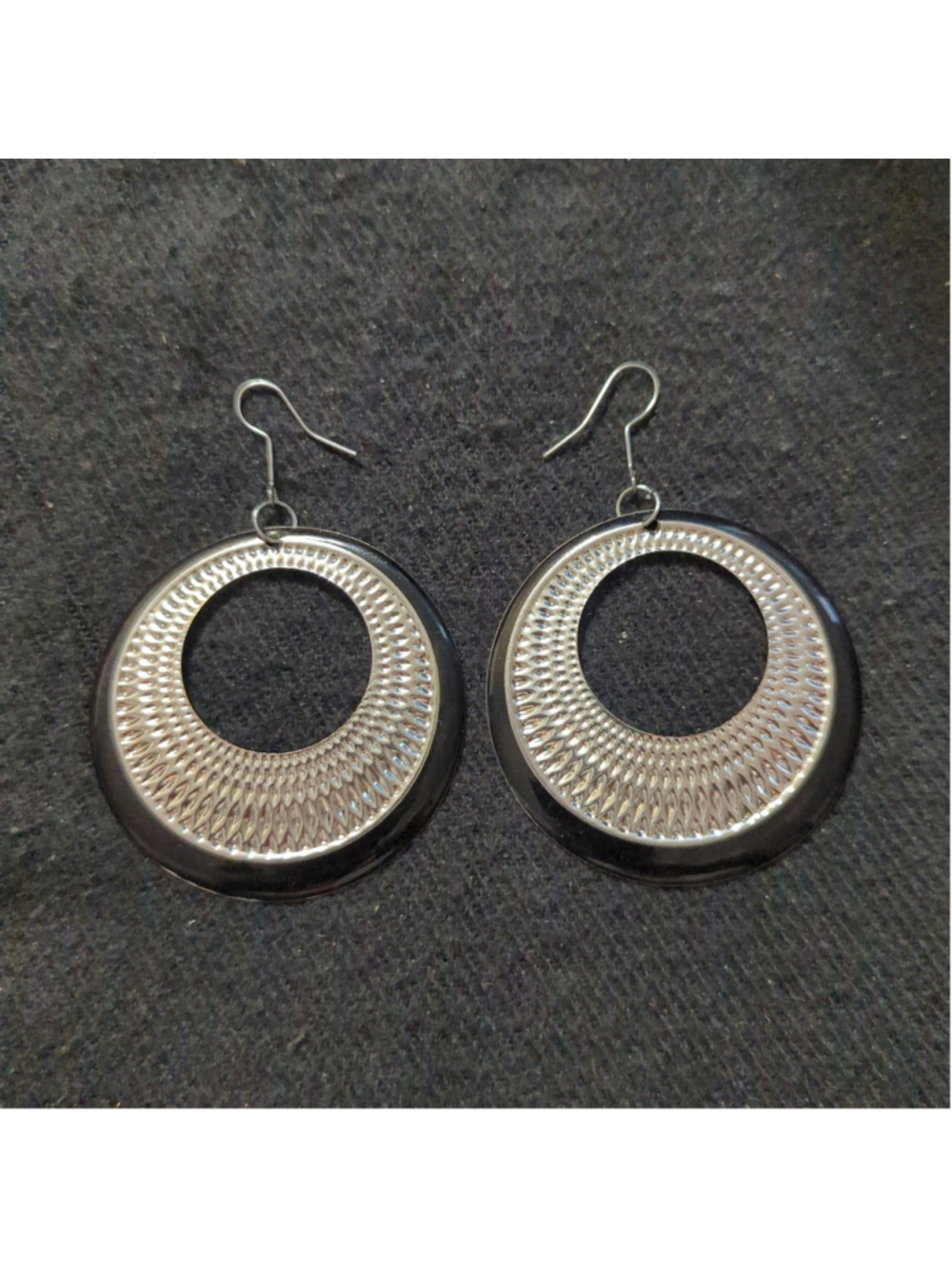 Silver Tone and Black Round Hoop Statement Earrings